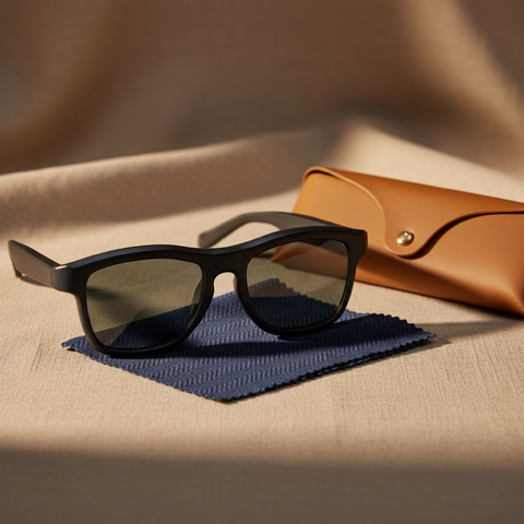 Vizer Audio Vision the glasses resting elegantly on a clean modern table, their sleek frame catching soft light — minimal, refined, and futuristic. Just beside them sits the premium protective case, crafted to match the same aesthetic precision,