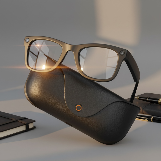 Vizer vision Edition A pair of matte black eyeglasses rests elegantly on a sleek black leather case, accented with a subtle orange detail. The lenses catch natural light, creating a refined flare that highlights their clarity and craftsmanship.