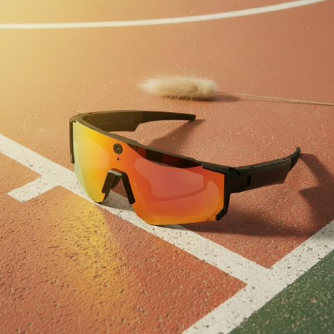 Sunglasses with reflective orange VIZER VISION SPRINT glasses on a tennis court