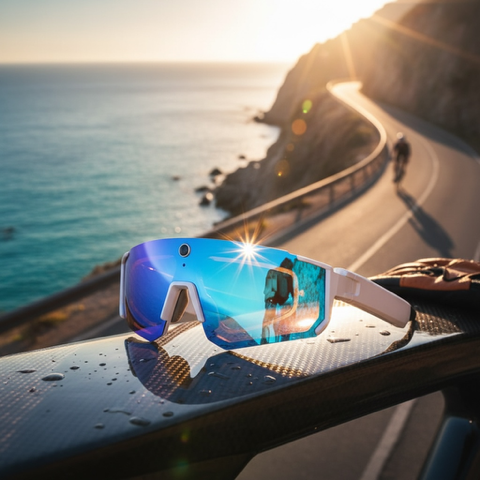 Blue reflective VIZER VISION SPRINT on a car spoiler with a scenic road and ocean view in the background