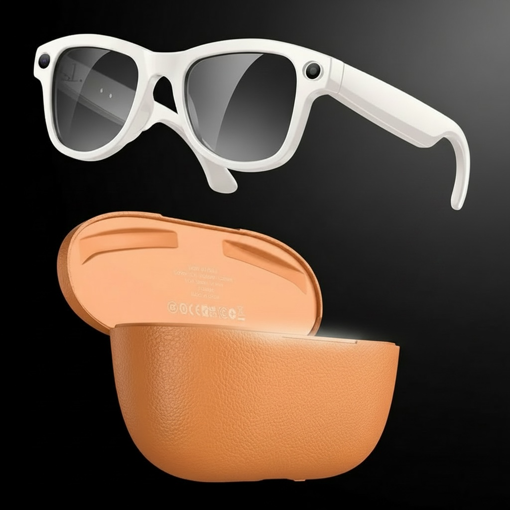 VIZER VISION APEX AI glasses with a brown case on a black background