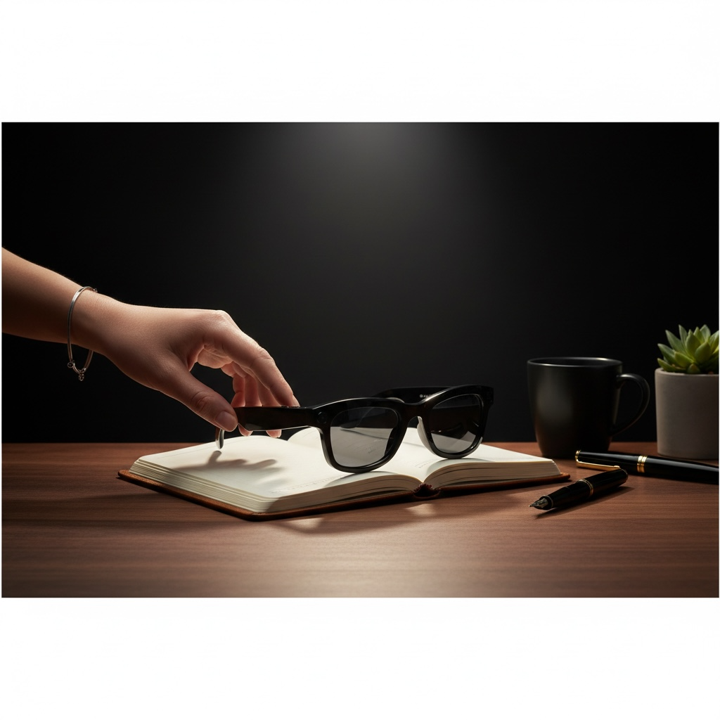 VIZER VISION PRIME being placed on an open book with a cup, pen, and plant in the background.