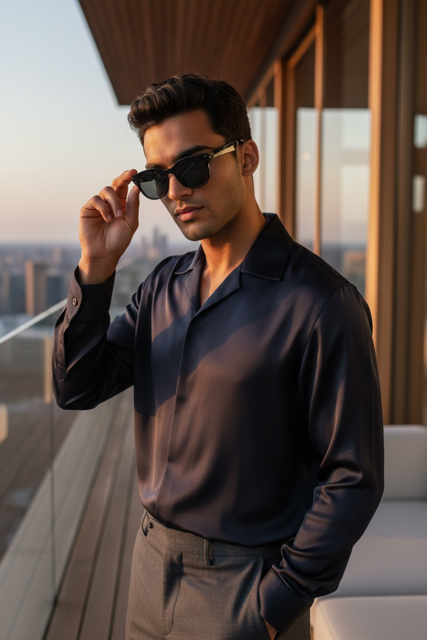 Man wearing VIZER VISION NEO  on a balcony with a cityscape background