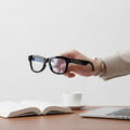 Hand holding a vizer vision prime glasses above a desk with a laptop, book, and cup.