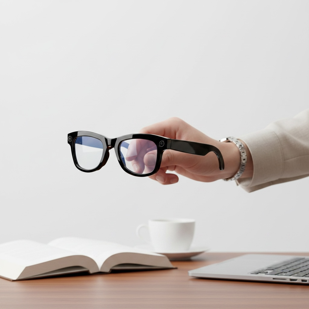 Hand holding a vizer vision prime glasses above a desk with a laptop, book, and cup.