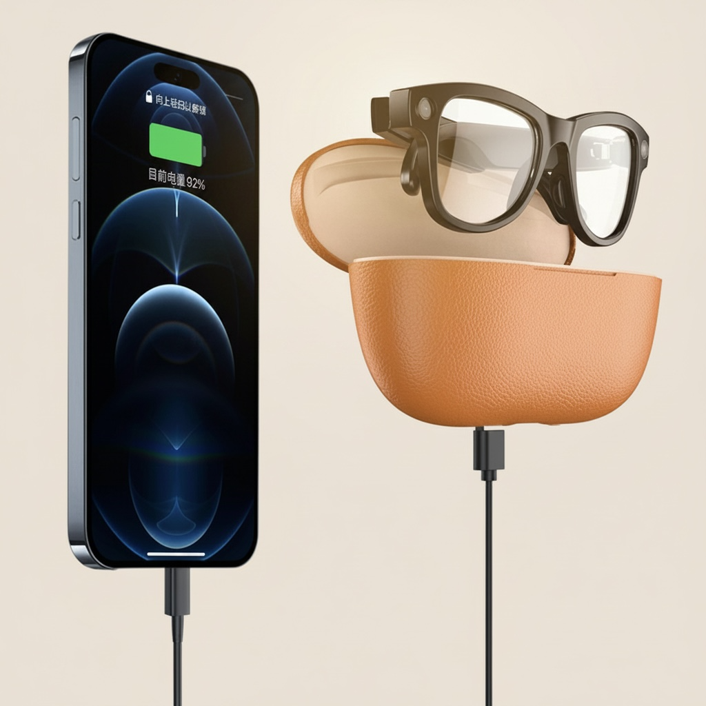 VIZER VISION APEX AI glasses charging in a stylish case next to a smartphone with battery indicator.