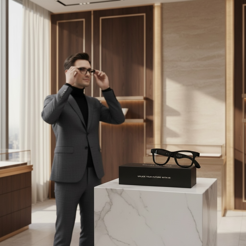     User demonstrating Vizer Vision X AI smart glasses indoors, showcasing hands-free smart wearable technology.”