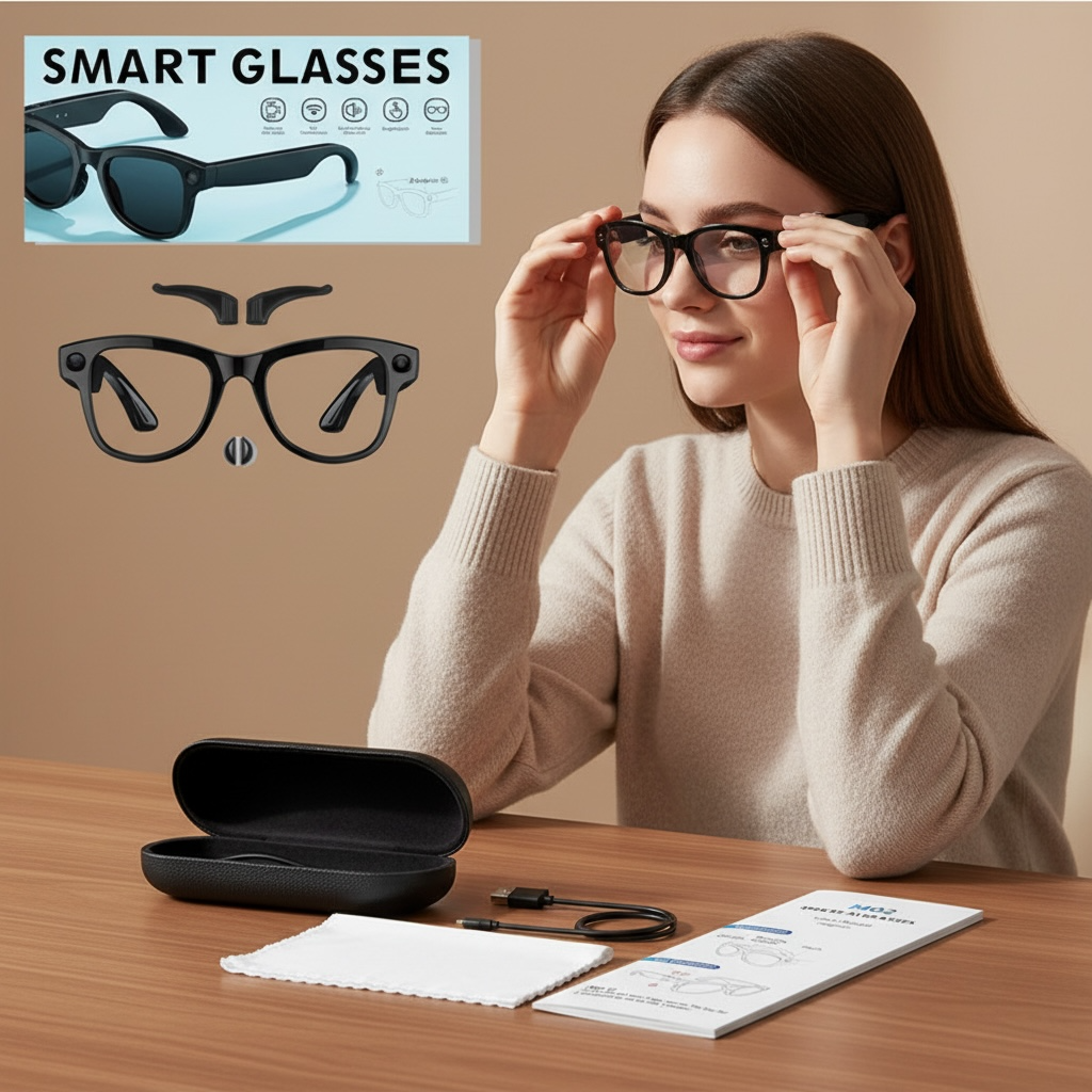 Woman trying on VIZER VISION APEX AI glasses with smart glasses case and accessories on a table.