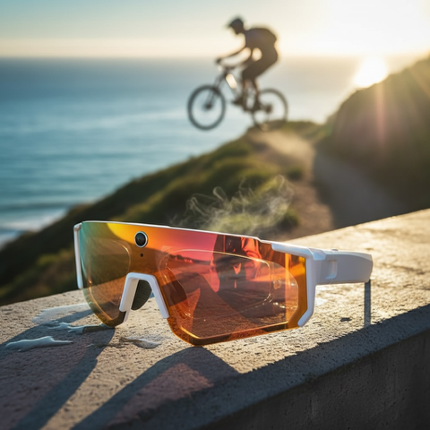 VIZER VISION SPRINT  with reflective lenses on a ledge with a cyclist in the background