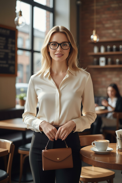 Smiling woman in a white blouse holding a small purse in a cozy coffee shop setting while wearing Vizer Vision Aura smart glasses resting on a stylish brown charging case with a simple design while wearing Vizer Vision Aura