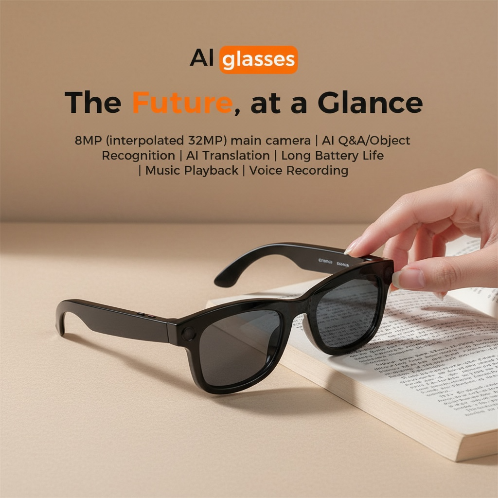 VIZER VISION PRIME  AI glasses with a hand holding them, placed on an open book, against a beige background.