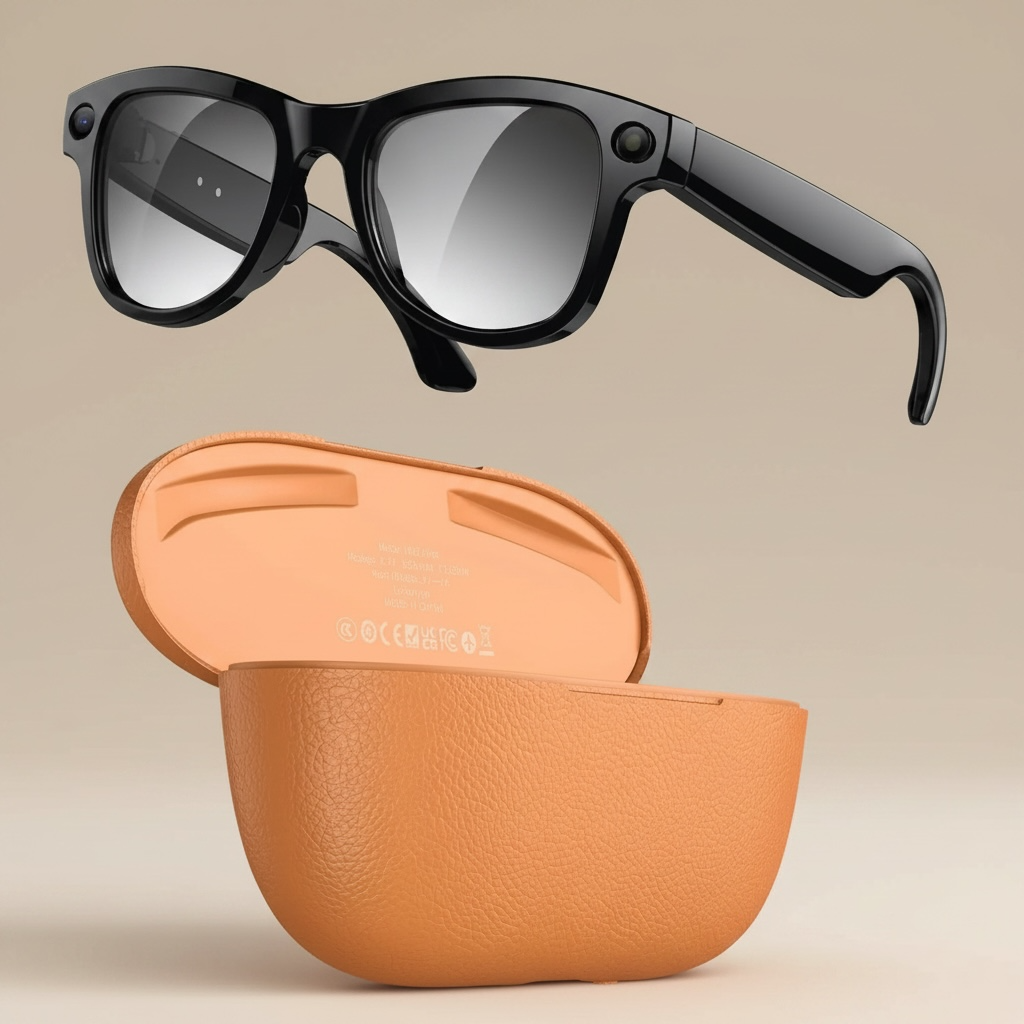 VIZER VISION APEX AI Glasses displayed above a stylish orange case on a neutral background.