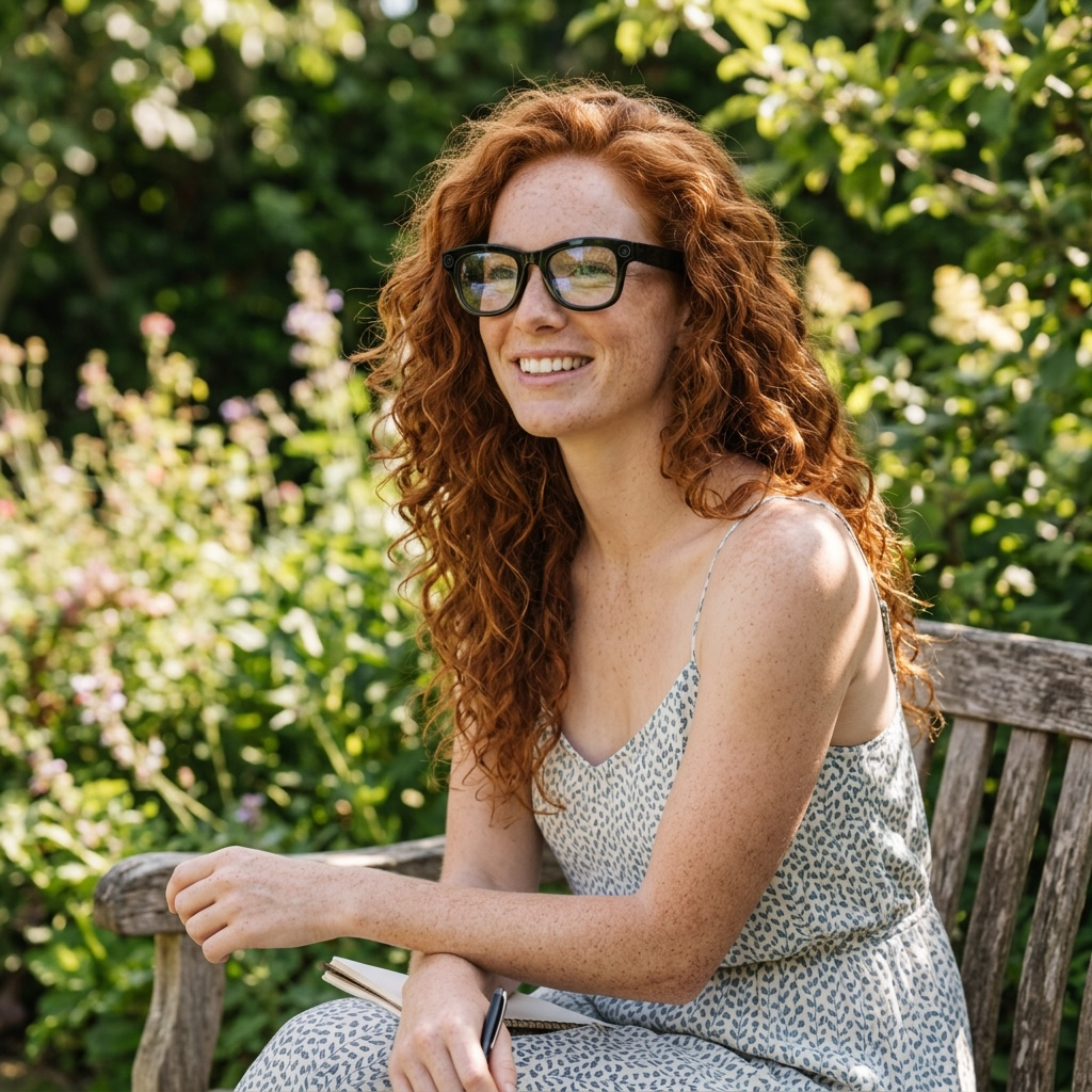 Woman with red hair and VIZER VISION PRIME  sitting on a wooden bench in a garden.