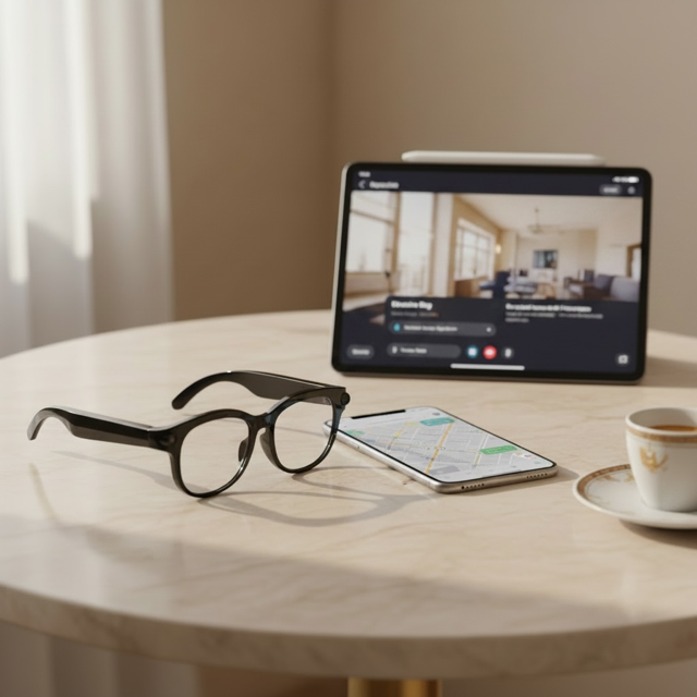 Table with VIZER VISION NEO smartphone, tablet, and cup of coffee on a neutral background