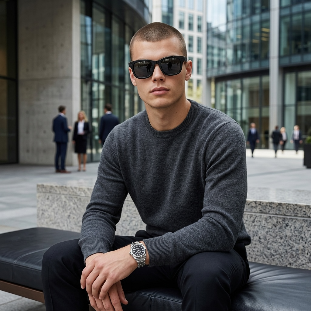 Man wearing VIZER VISION PRIME  and a gray sweater sitting on a bench in an urban setting