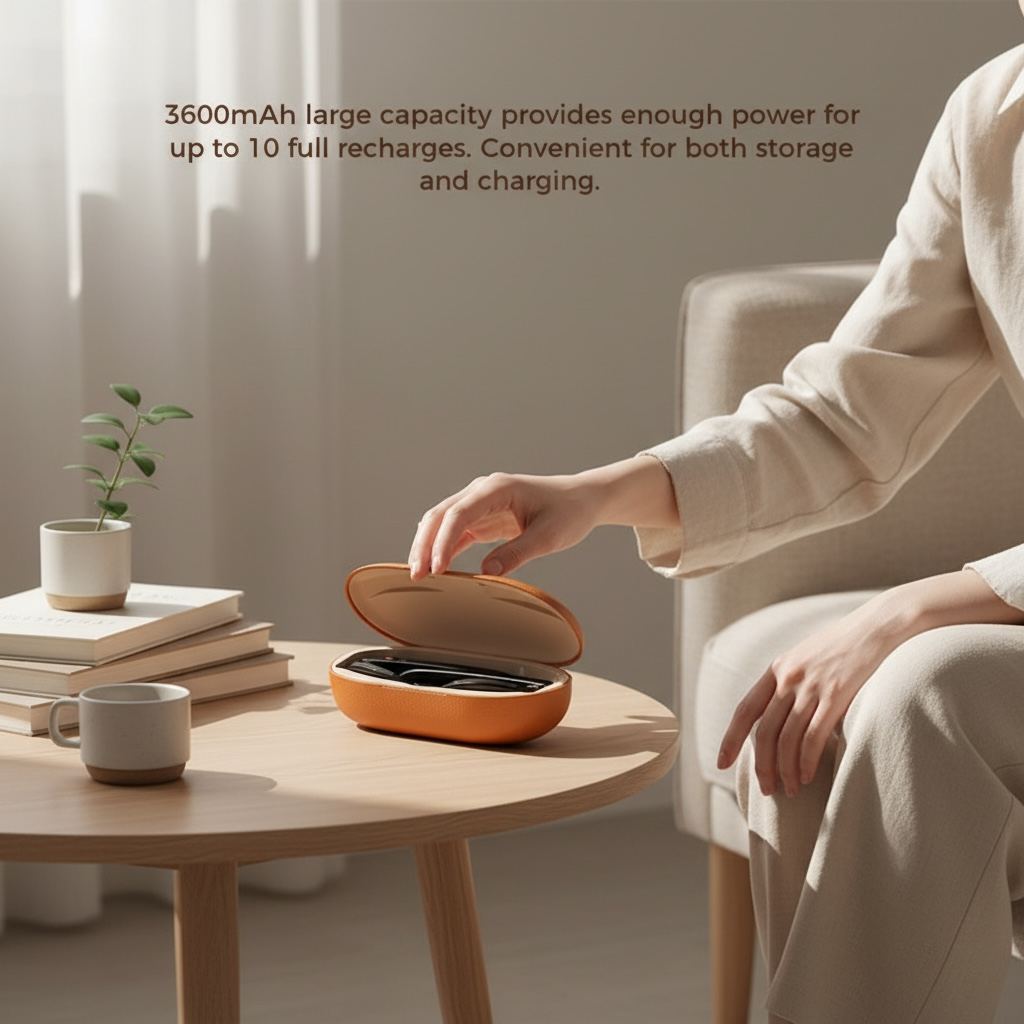 Hand reaching into an orange case on a wooden table, showcasing a 3600mAh portable charger for VIZER VISION APEX AI Glasses.