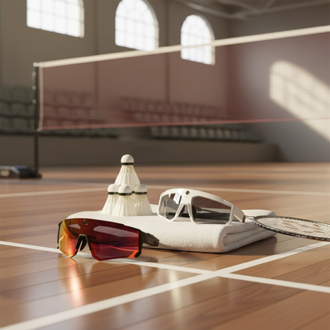 VIZER VISION SPRINT glasses, shuttlecocks, and a racket on a squash court
