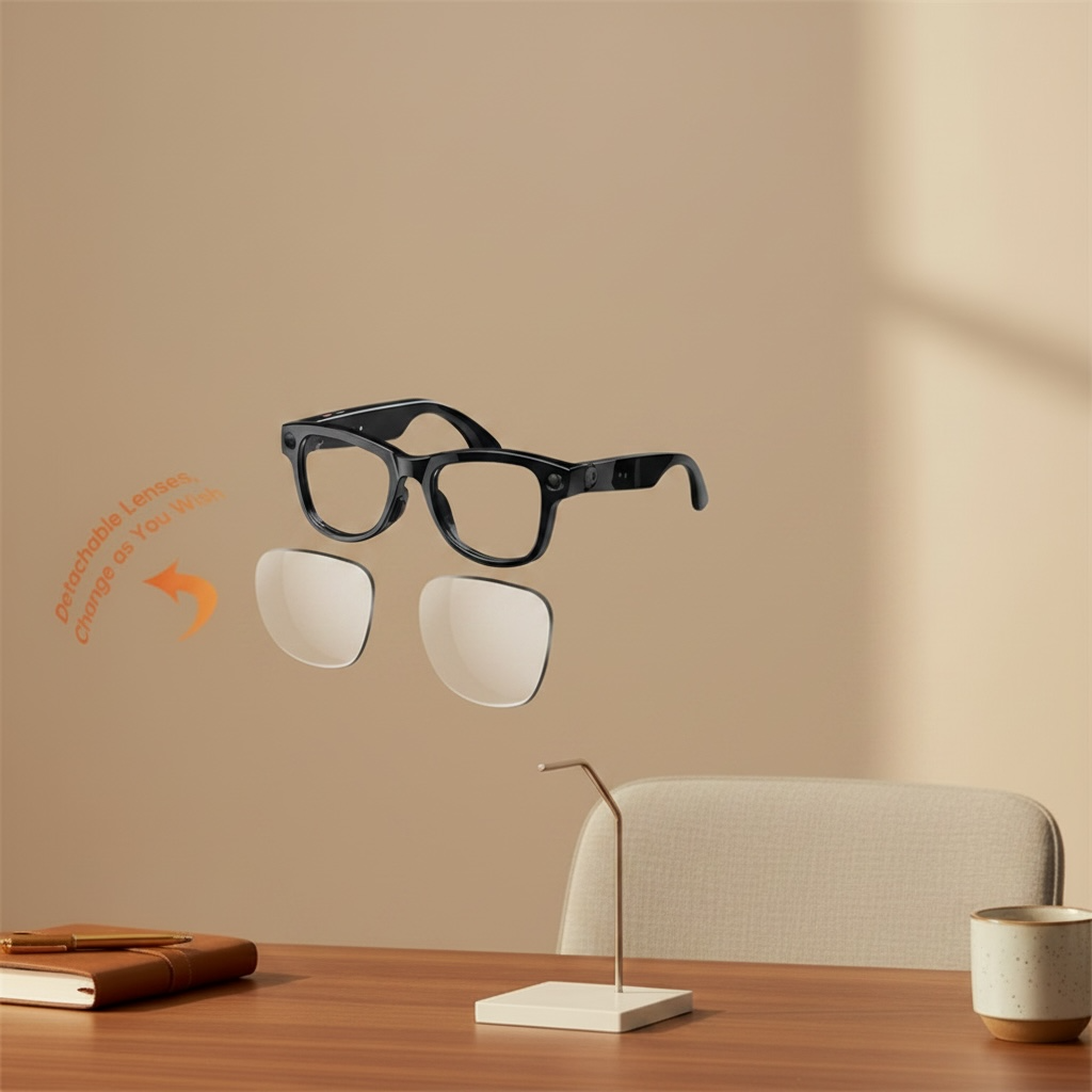 VIZER VISION APEX AI glasses with interchangeable lenses displayed above a desk, showcasing stylish design and functionality.