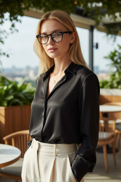 Woman wearing VIZER VISION NEO and a black shirt in an outdoor setting