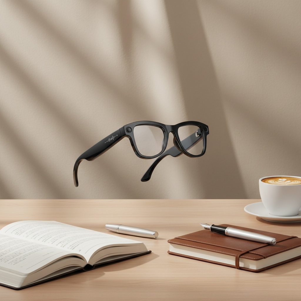 VIZER VISION APEX Glasses levitating above a wooden desk with a notebook, pen, and coffee cup.