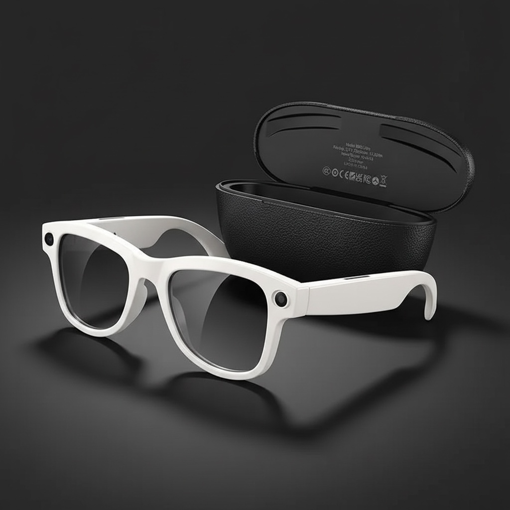 VIZER VISION APEX AI Glasses in white with a protective case, showcasing modern design and advanced technology.