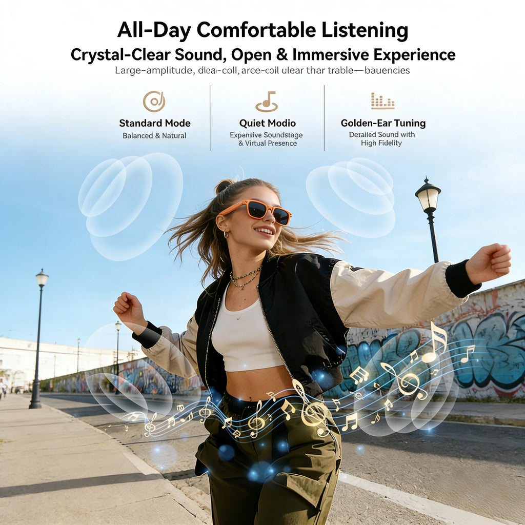Woman wearing VIZER VISION CORE glasses with sound wave graphics and text about audio quality on a city street background
