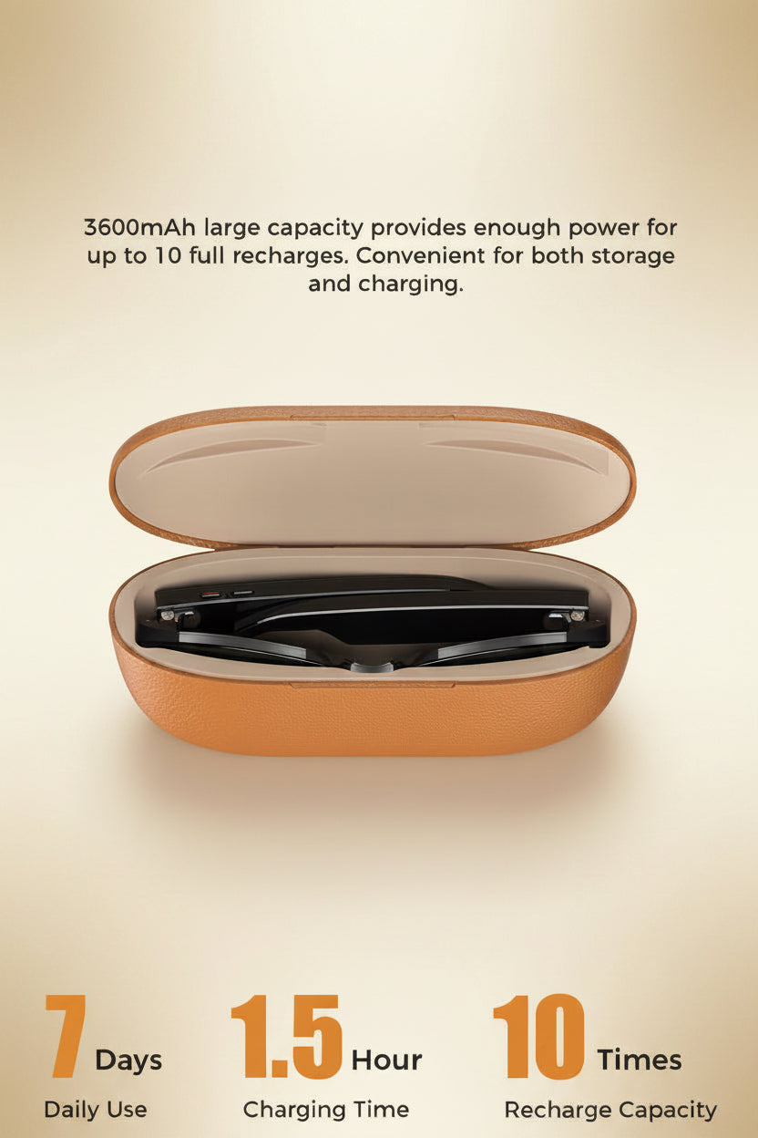 VIZER VISION APEX AI glasses charging case showing large capacity for 10 full recharges and convenient storage.