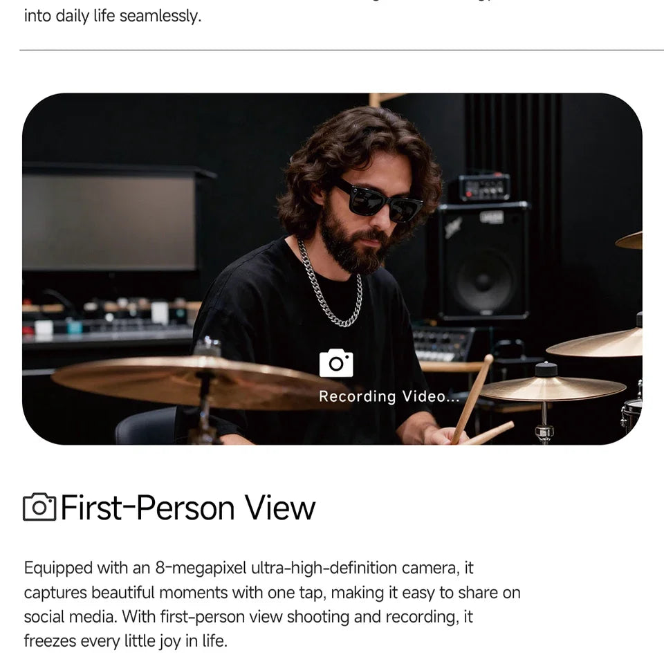 Person recording video with a smart camera, wearing Vizer Vision Aura and playing drums in a studio setting.