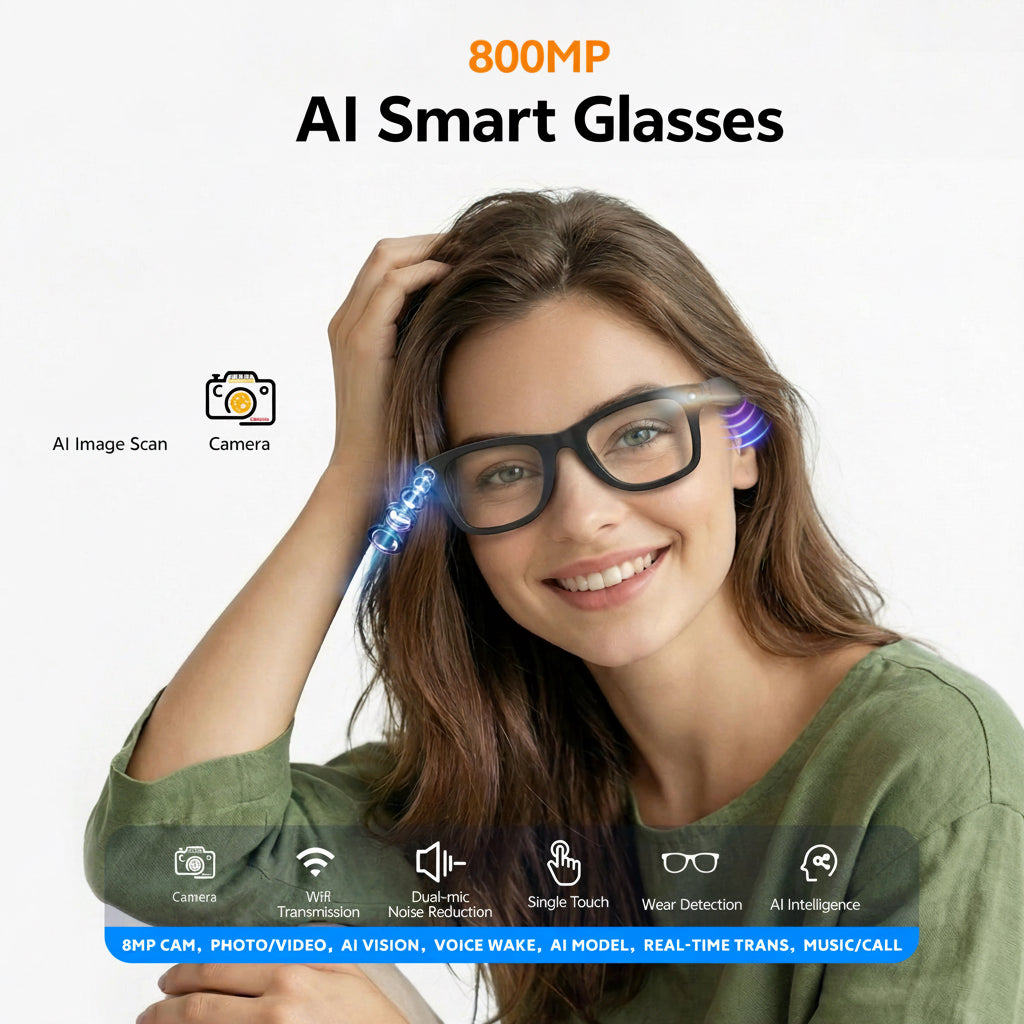 Woman wearing 800MP  VIZER VISION EDGE Glasses with features listed on a white background