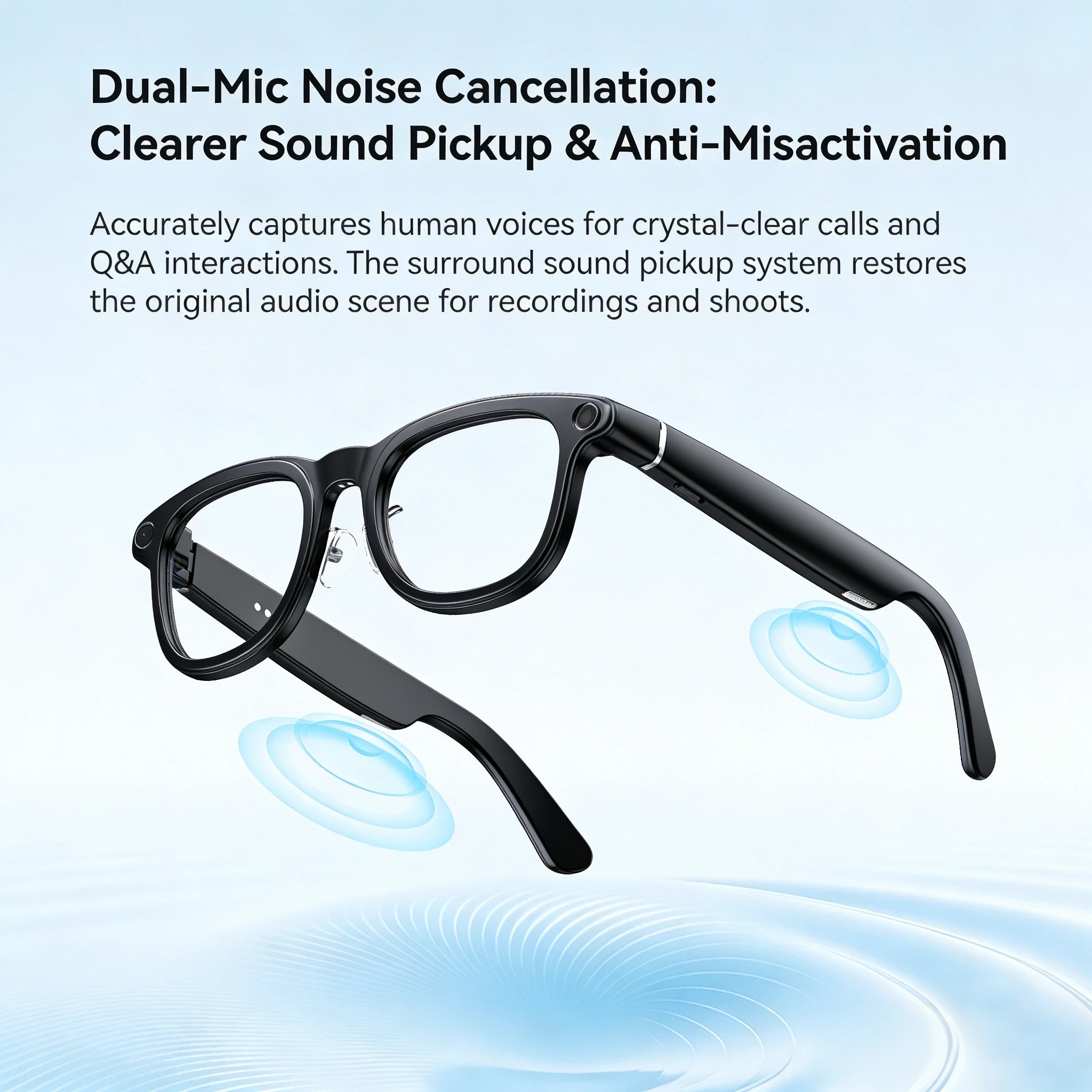 VIZER VISION CORE Glasses with dual-mic noise cancellation technology on a light blue background