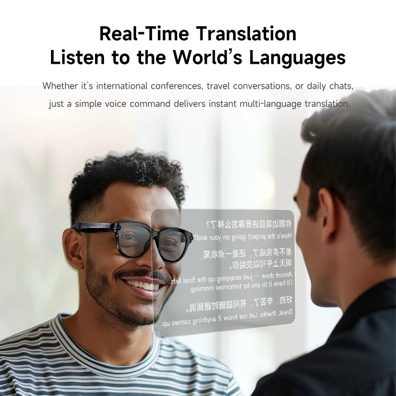 Two people using a real-time translation device with text overlay. using VIZER VISION NEO