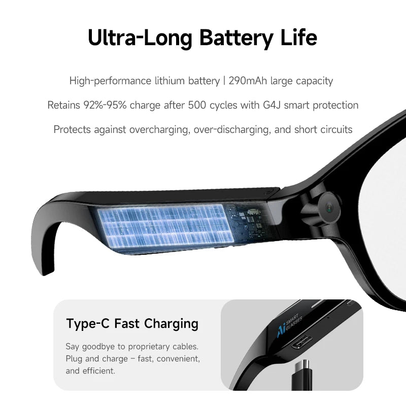 VIZER VISION NEO with battery life and charging information on a white background