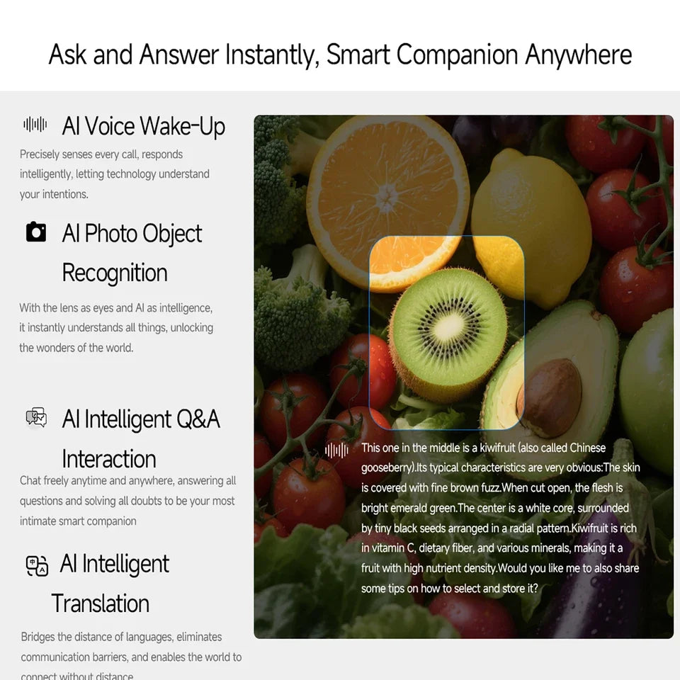 Vizer Vision Aura AI features and smart companion overview with fruits and vegetables.