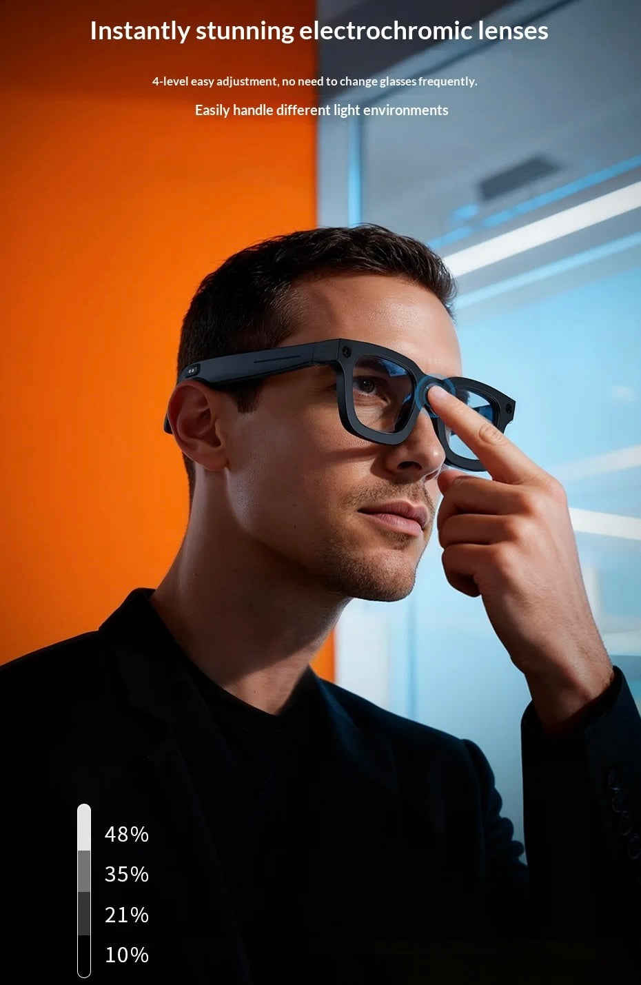 Man adjusting VIZER VISION ELITE electrochromic lenses with text about their features.