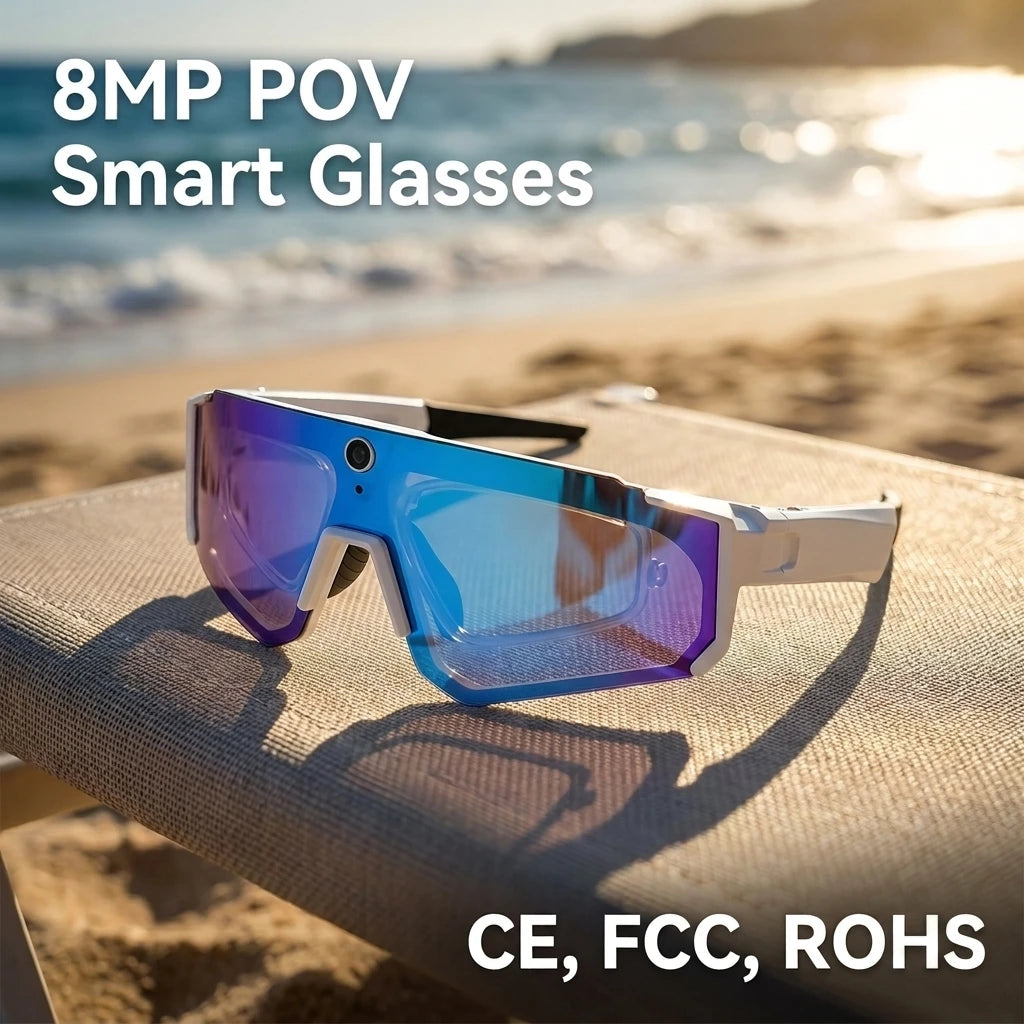 8MP POV VIZER VISION SPRINT glasses with blue lenses on a surface with a beach background