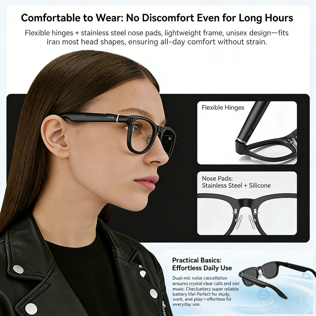 Person wearing VIZER VISION CORE glasses with product features highlighted on a white background