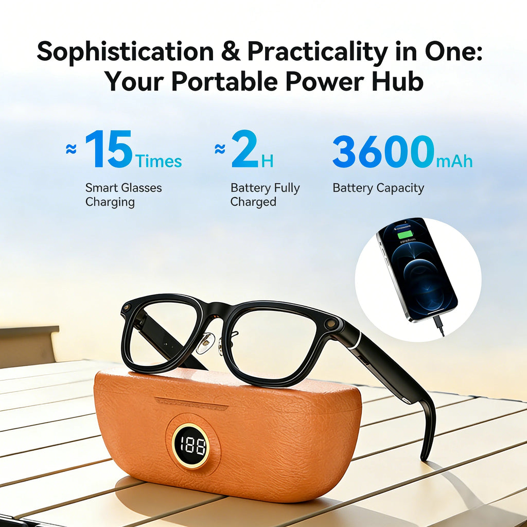 Portable power hub with VIZER VISION CORE glasses on a wooden surface, showing charging capabilities.