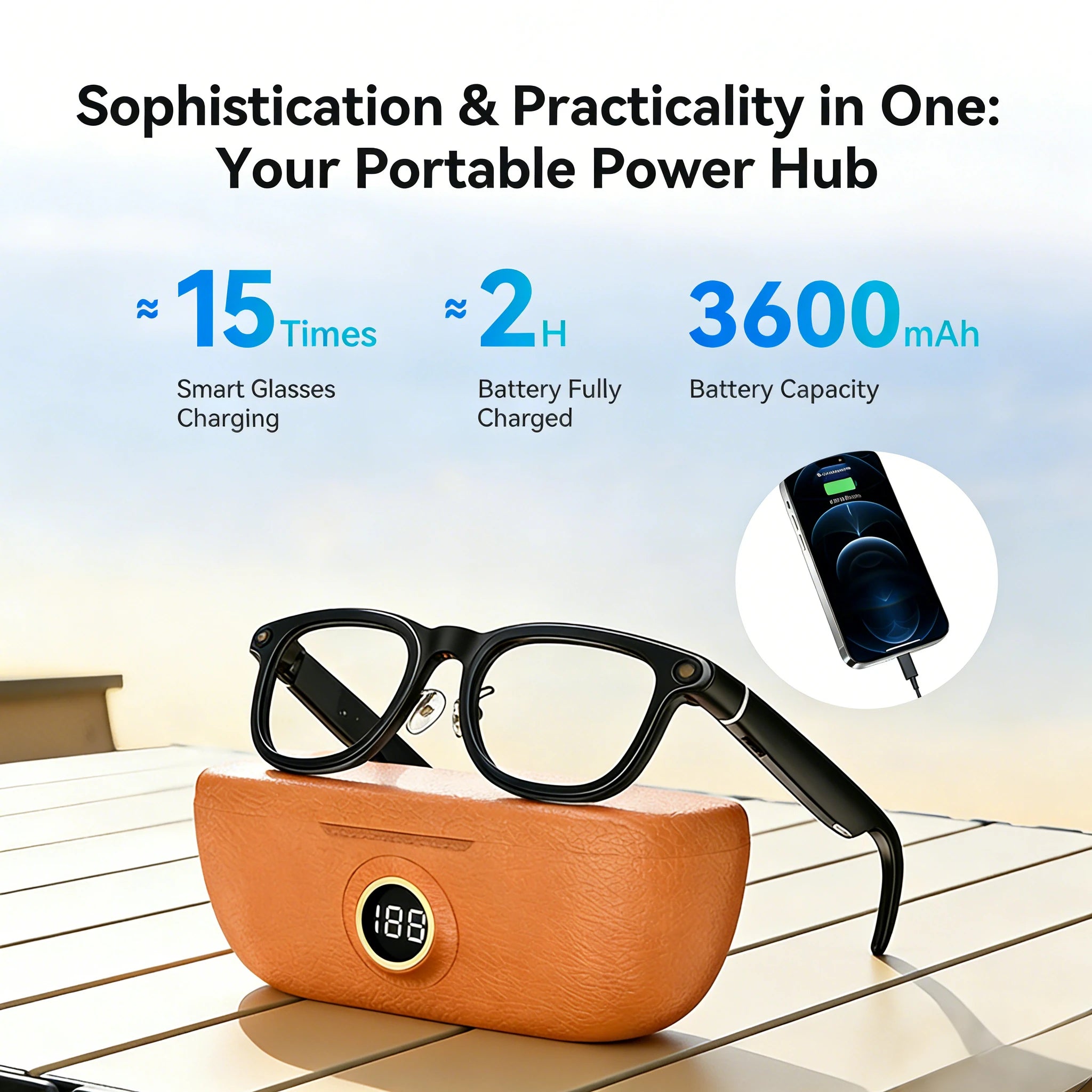 Portable power hub with VIZER VISION CORE glasses on a wooden surface, showing charging capabilities.