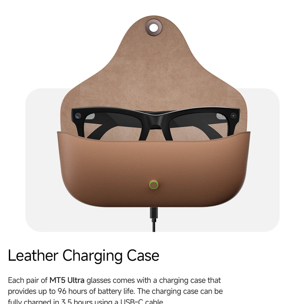 Vizer Vision Aura leather charging case with MT5 Ultra glasses design, providing 96 hours of battery life.