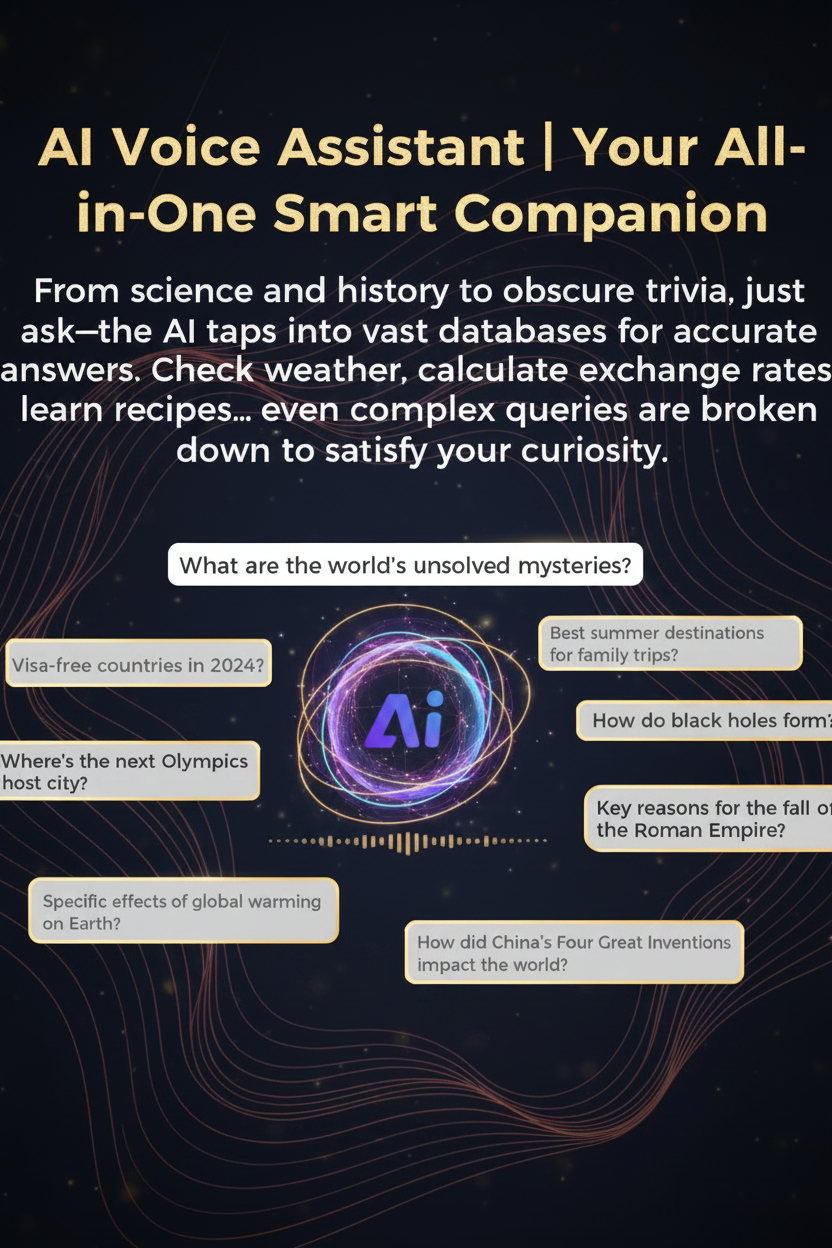 Advertisement for an AI voice assistant with text and a logo on a dark background