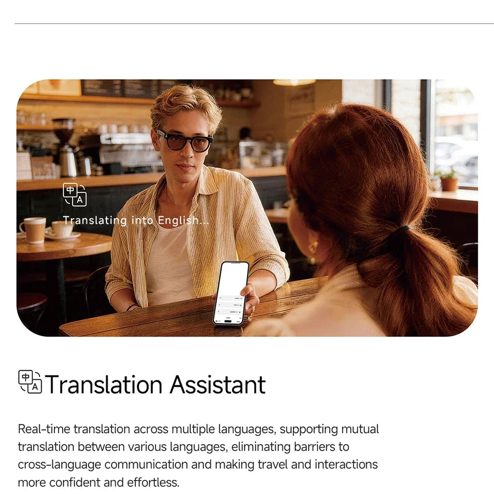 Image of a Translation Assistant in use, showcasing real-time language translation in a cafe setting. information about Vizer Vision Aura  