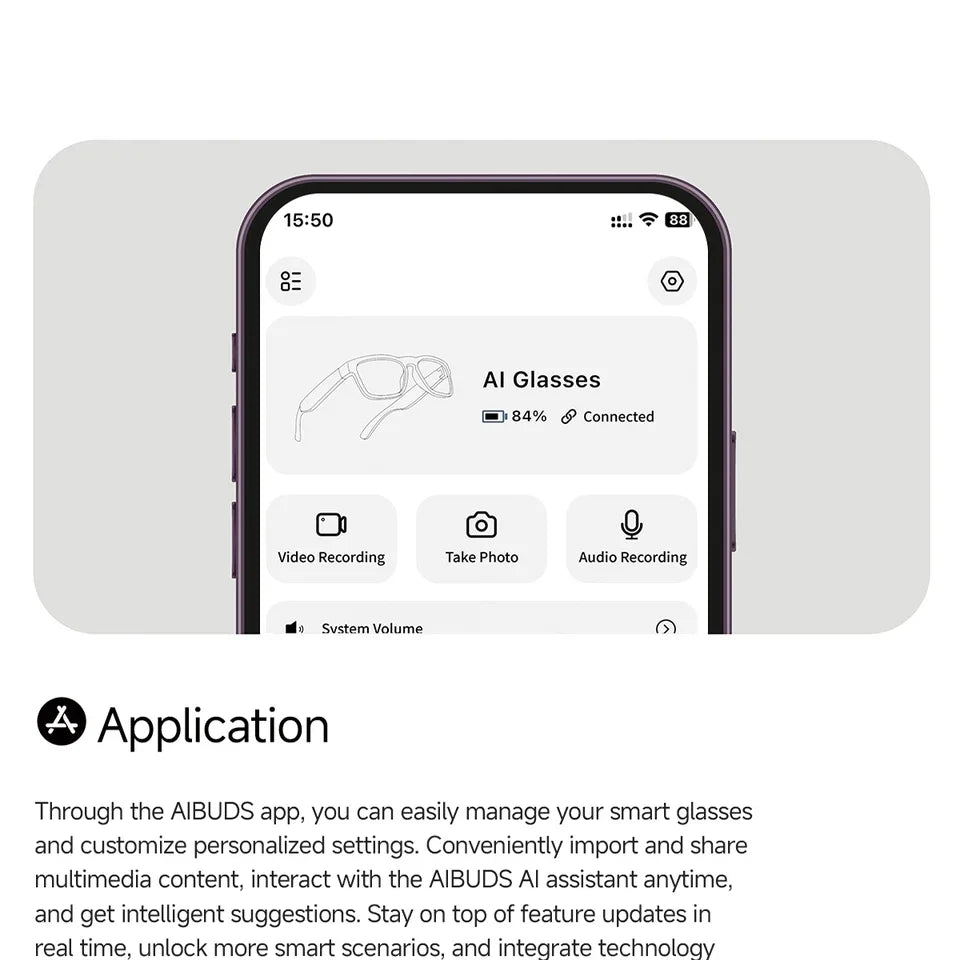 Vizer Vision Aura app interface showing smart glasses settings with features like video recording and audio recording.