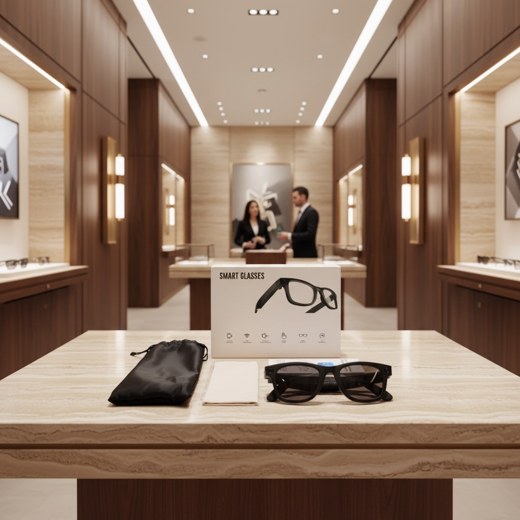  VIZER VISION EDGE glasses on a table with a store interior in the background