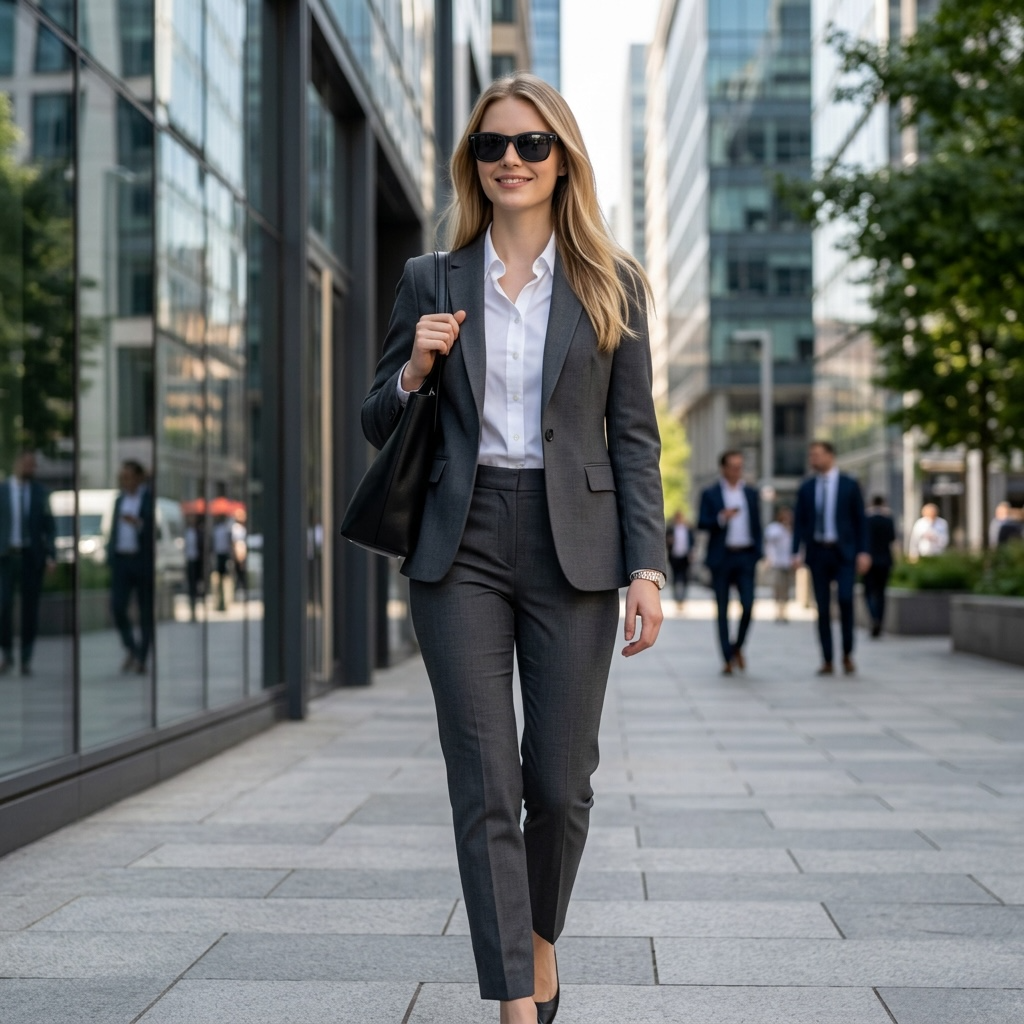 Woman in a business suit wearing  VIZER VISION EDGE walking on a city street with modern buildings in the background
