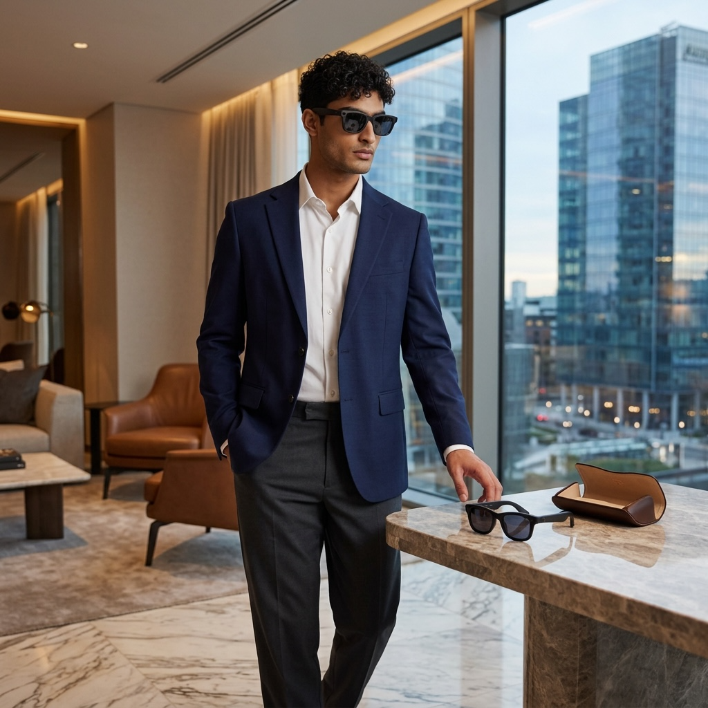 Man in a blue suit wearing VIZER VISION EDGE standing in a modern room with large windows and cityscape view.