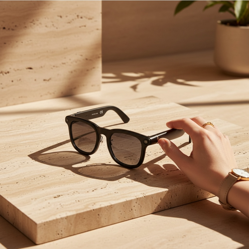  VIZER VISION EDGE GLASSES on a wooden surface with a hand reaching towards them, set against a warm-toned background.