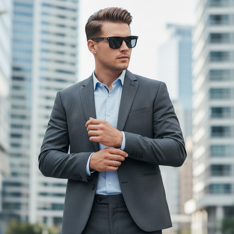 Man in a gray suit and  VIZER VISION CORE standing in an urban setting