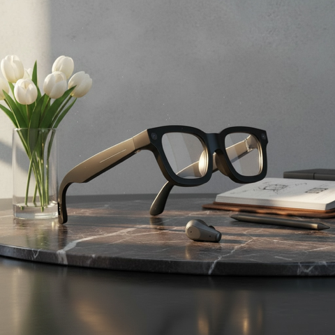 VIZER VISION ELITE glasses on a marble surface with tulips and books in the background