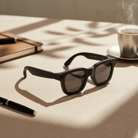 VIZER VISION ELITE glasses on a table with a cup of coffee and notebook in the background