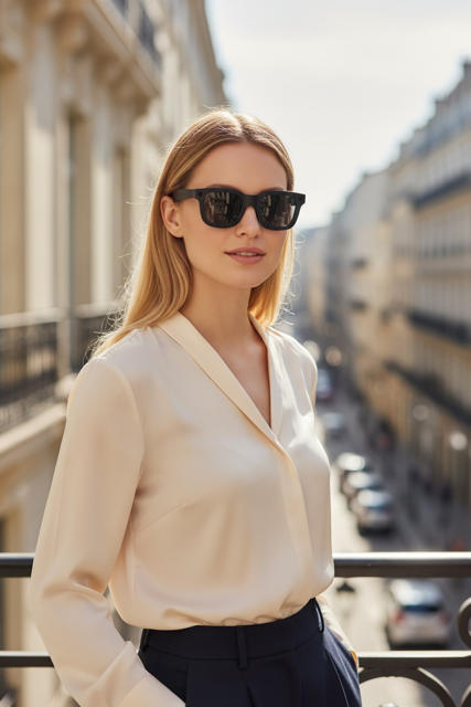 Woman wearing VIZER VISION ELITE glasses and a light-colored shirt on a city street.